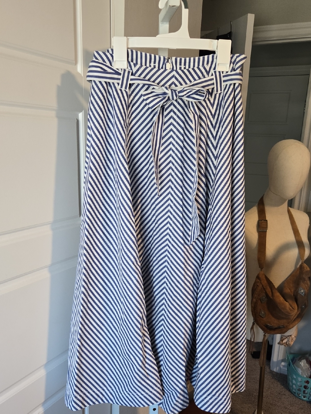 Blue and White Striped A-Line Tie-Waist Skirt